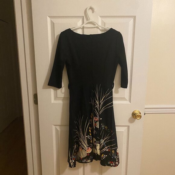 Black Fit Flare Midi Dress with Back Zipper and Swans and Reeds Pattern Size 2 - Picture 5 of 8